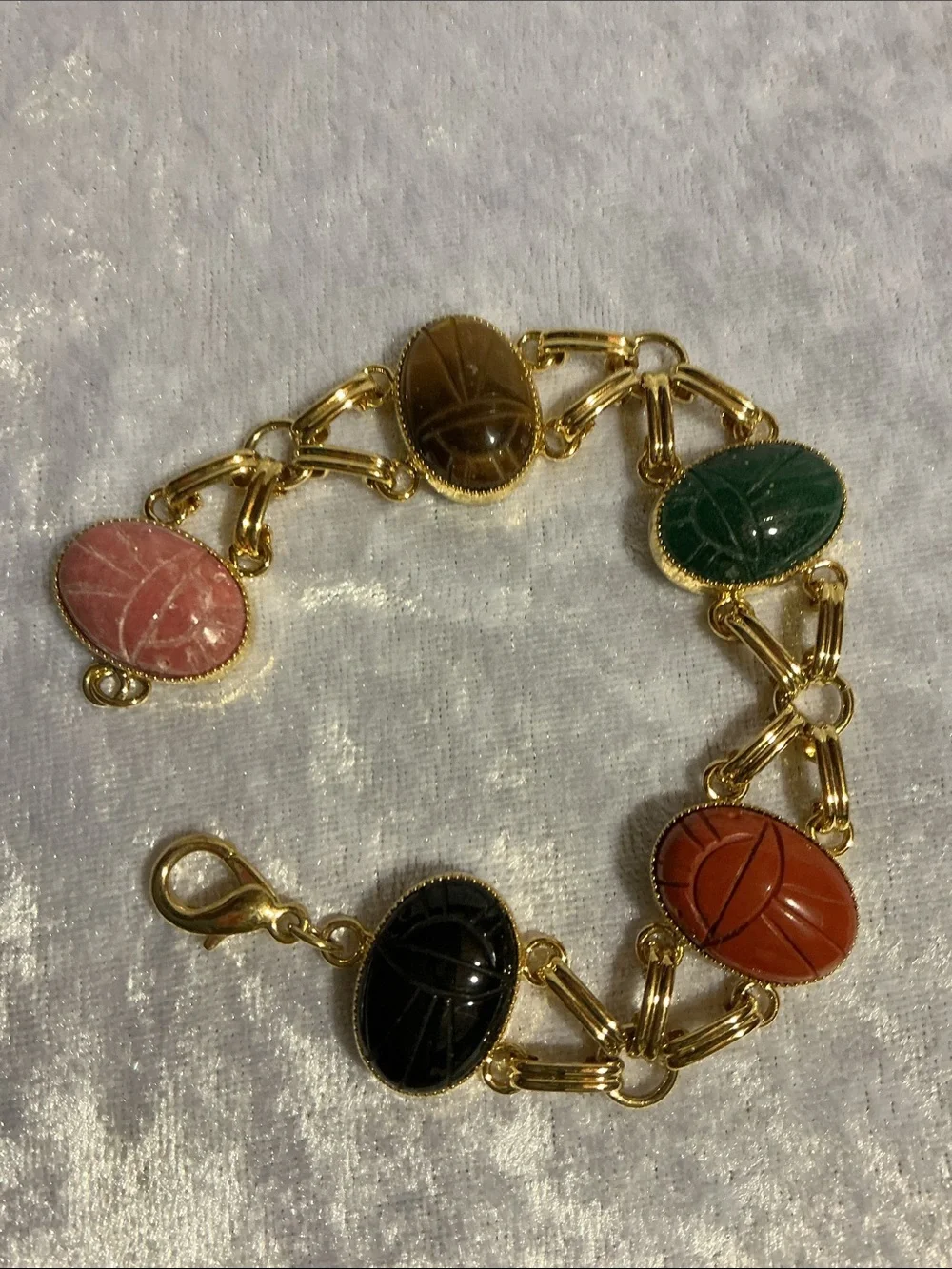 Gold Link Bracelet with Multicolor Scarab Cabochons